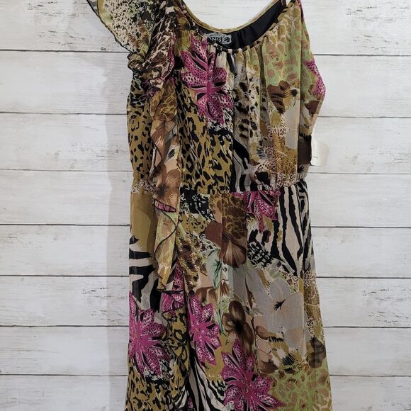 Angie Mixed Print One Shoulder Ruffle Dress Animal Floral Tagged M Fits Small - Picture 4 of 10